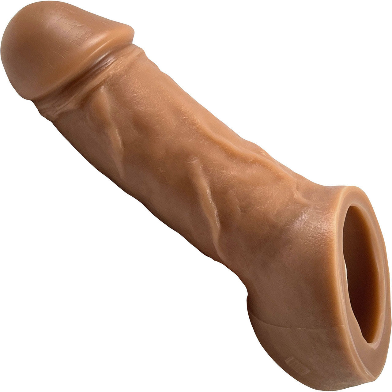 The left side of the caramel Holster Vixskin Extender Dildo.