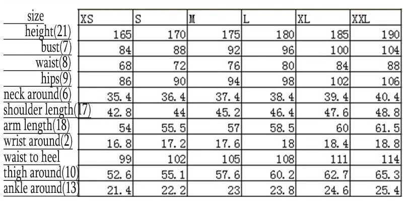 The size chart for the Latex Surf Suit.