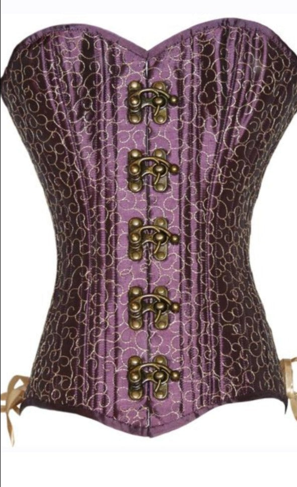 The front of the Embroidered Purple Steampunk Clasp Corset.