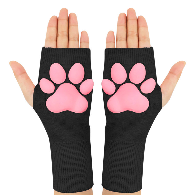 3D Paw Pad Fingerless Cashmere Gloves in Black