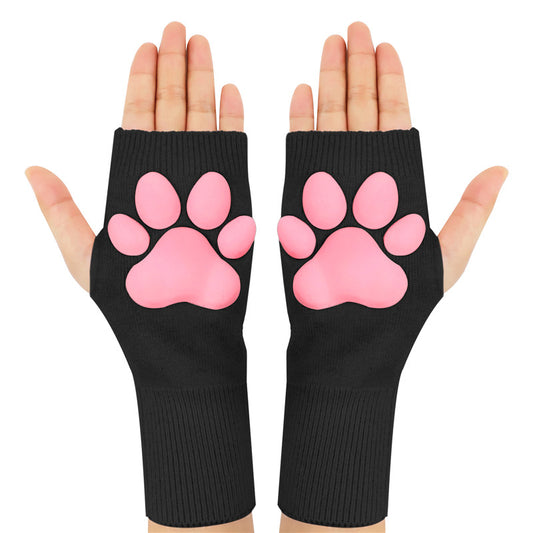 3D Paw Pad Fingerless Cashmere Gloves in Black