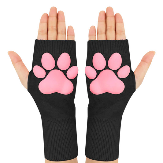 3D Paw Pad Fingerless Cashmere Gloves in Black