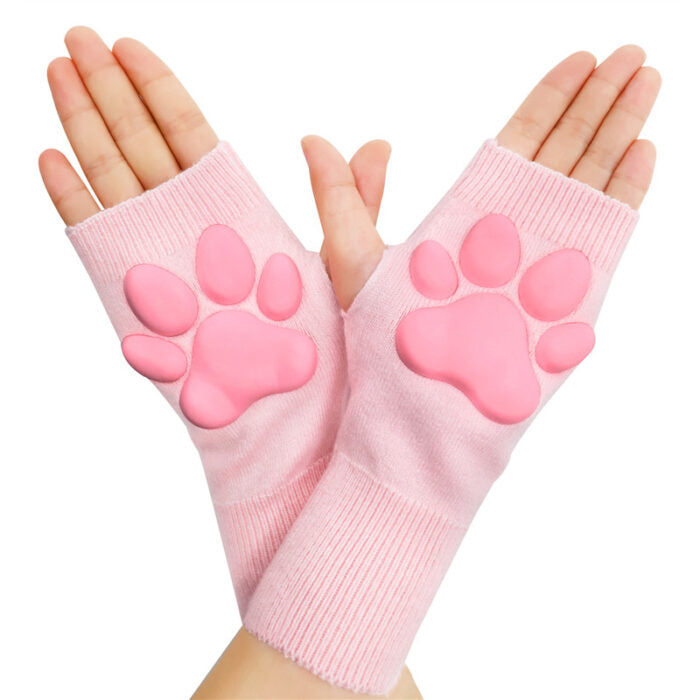 3D Paw Pad Fingerless Cashmere Gloves in Pink