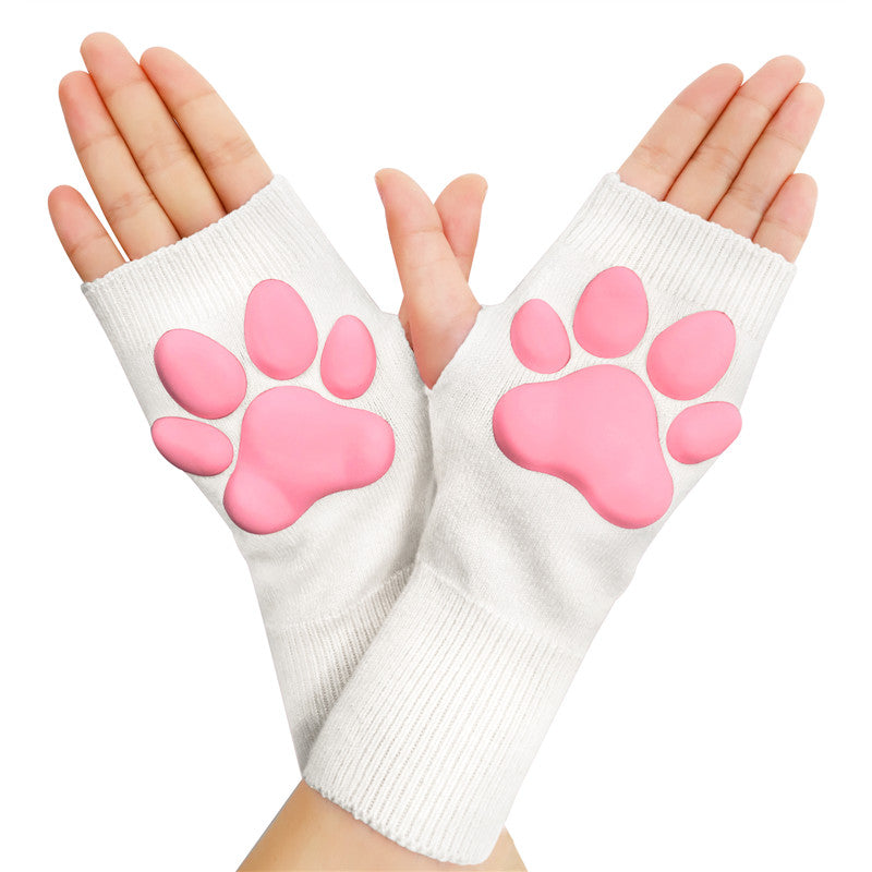 3D Paw Pad Fingerless Cashmere Gloves in White