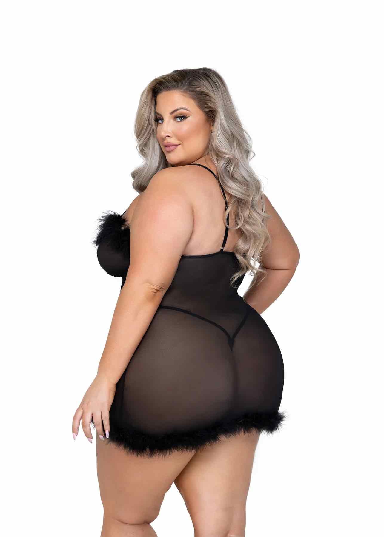 A model wearing the plus size Afterhours Marabou Trimmed Chemise, rear view.