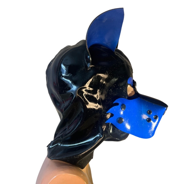 The right side of the Blue and Black Large Latex Doggy Hood with furry cheeks.