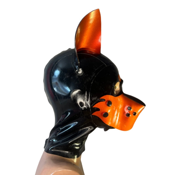 The right side of the Black and Red Medium Latex Doggy Hood with furry cheeks.