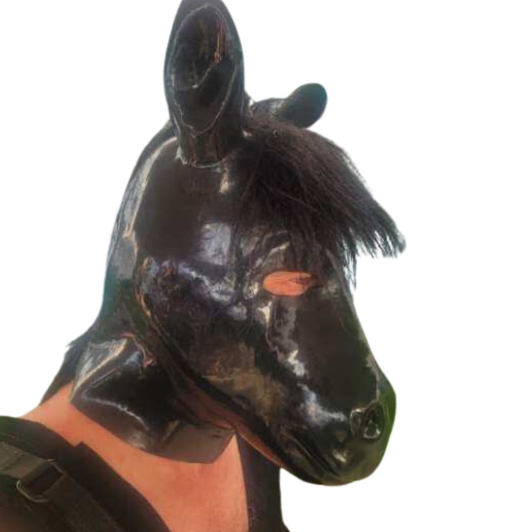 Model wearing Black Latex Horse Hood facing right