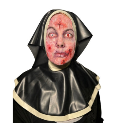 model wearing Filthy Habbit Latex Nun Headgear