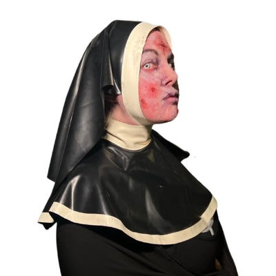 model facing front/right wearing Filth Habbit Latex Nun Headgear