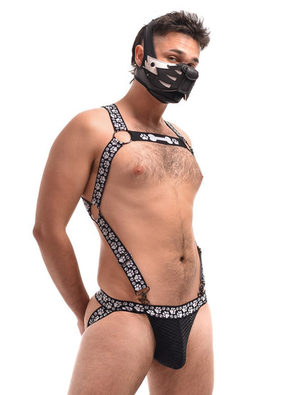 Puppy Paw Sport Full Elastic Harness on model with muzzle