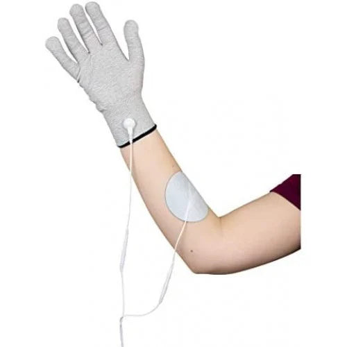 A model's hand demonstrating how the Gametrode Electric Glove is worn.