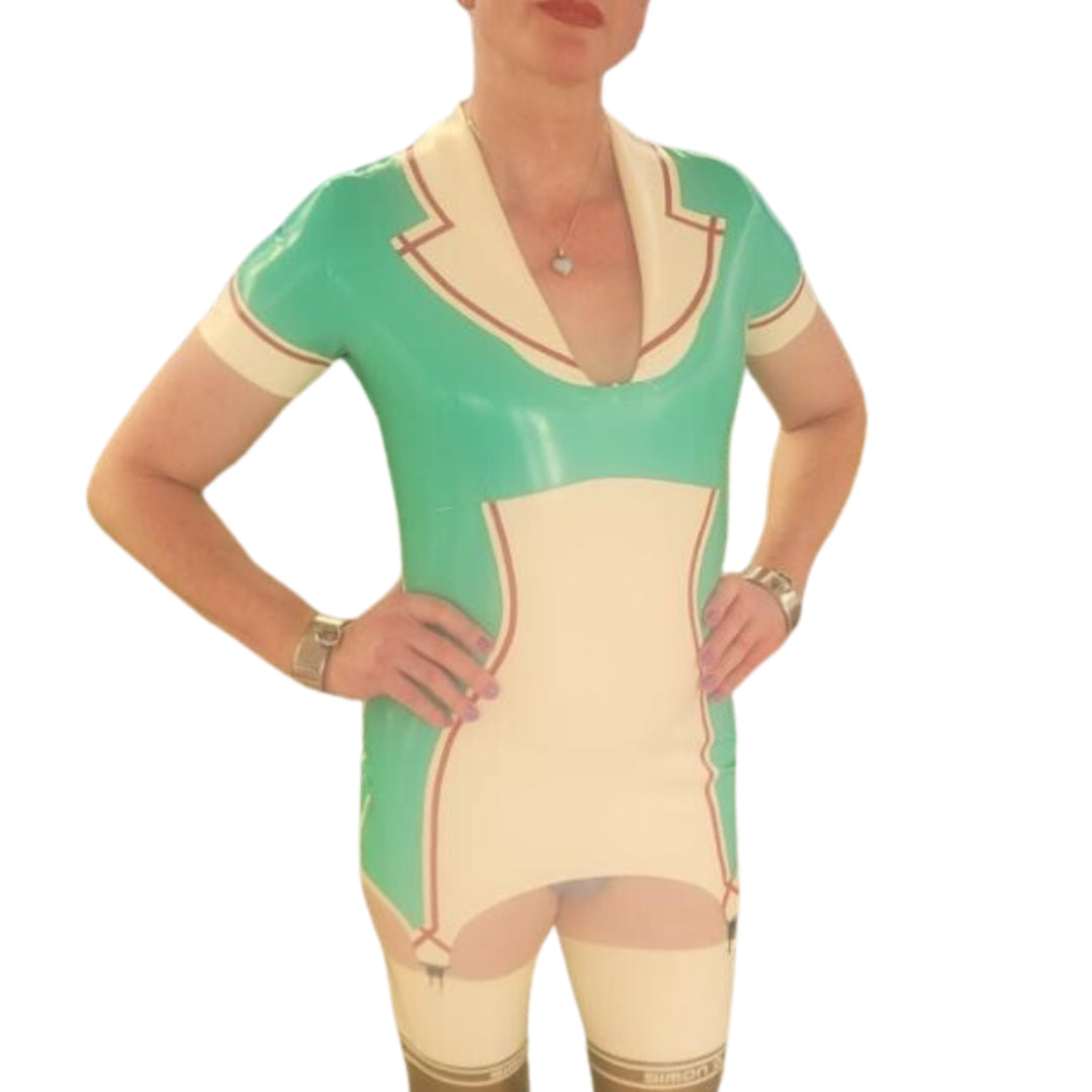 Model wearing Latex Natasha Nurse Dress with hands on the hips