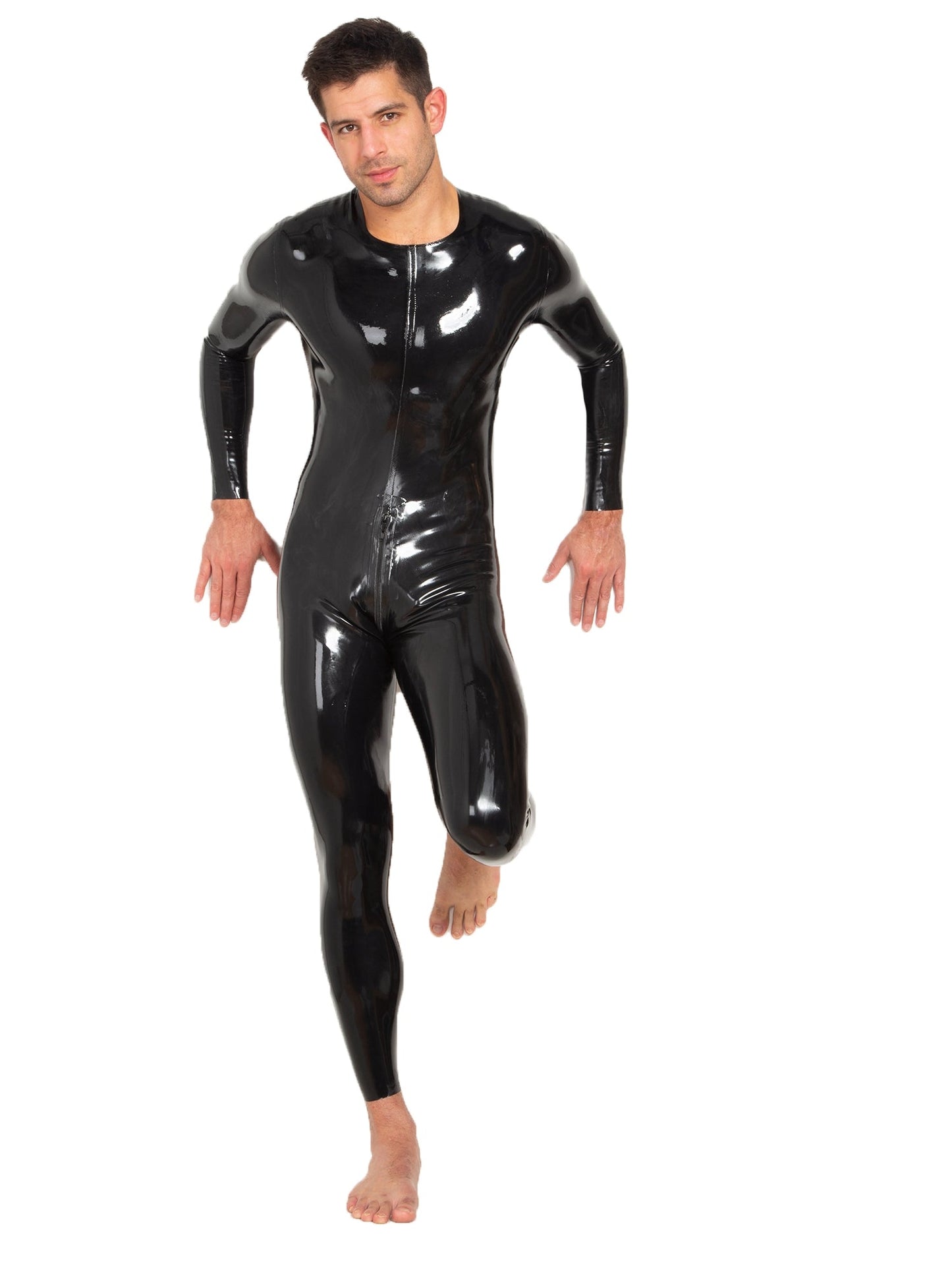 Black Neck Entry Latex Catsuit With Crotch Zip