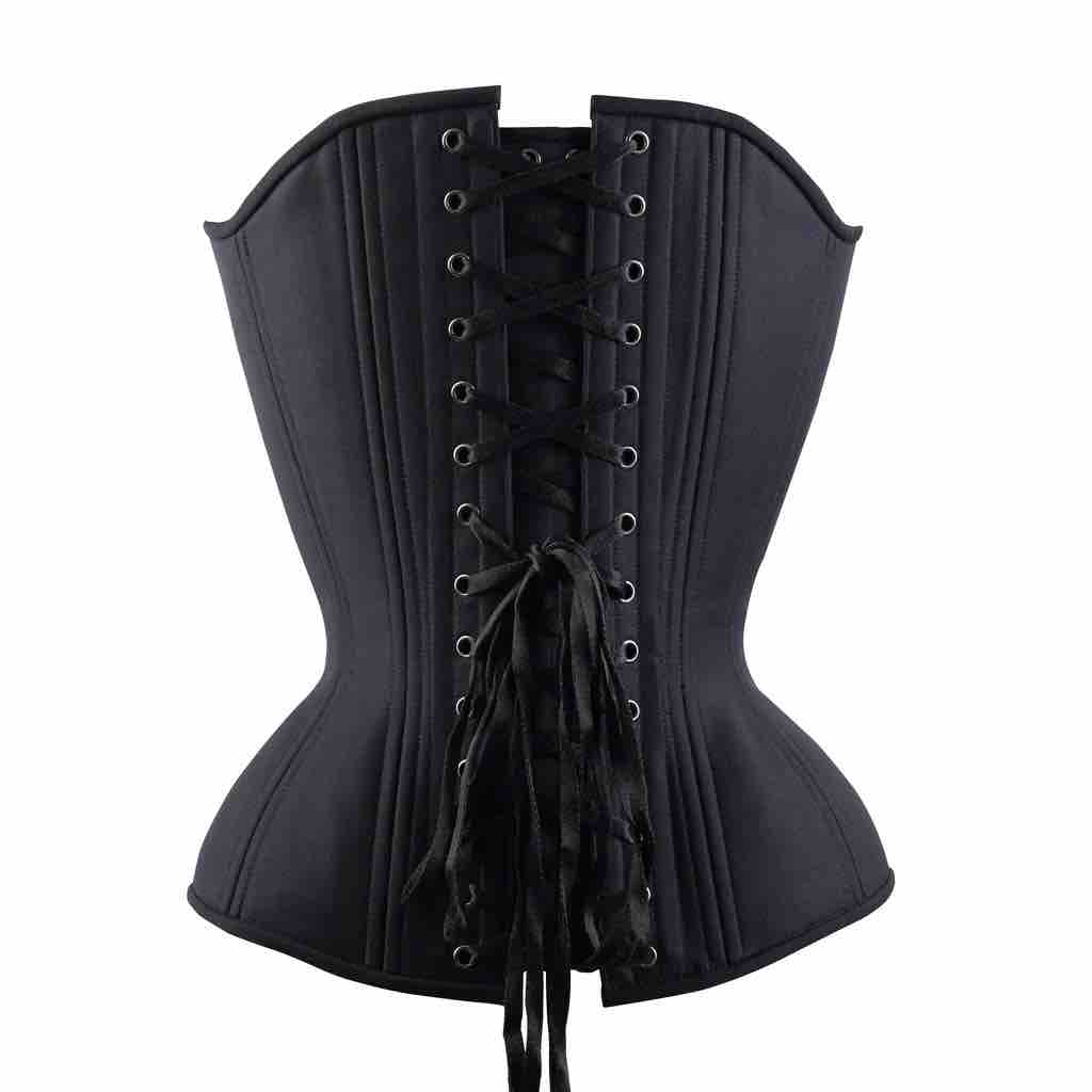 The Black Cotton Cashmere Longline Overbust Corset, rear view.