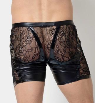 A model wearing the Storm Patent & Lace Boxer Brief, rear view.