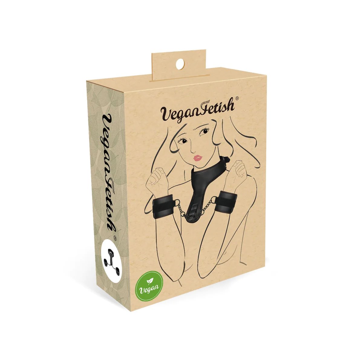 The front of the packaging for the Vegan Fetish Black Neoprene Wrist Collar Restraint Set.