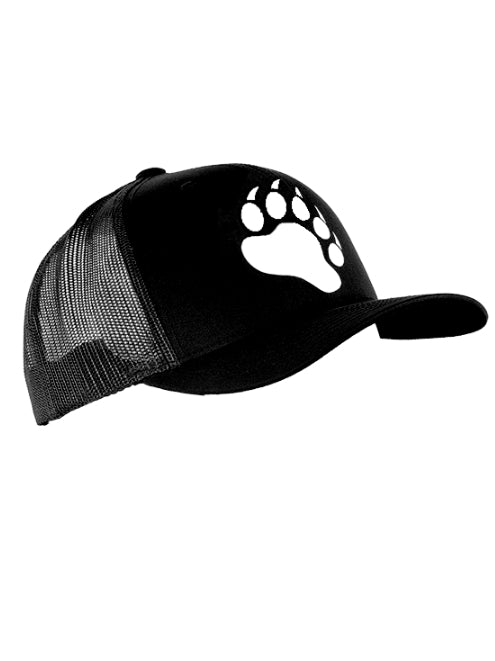 The white on black Bear Paw trucker cap.