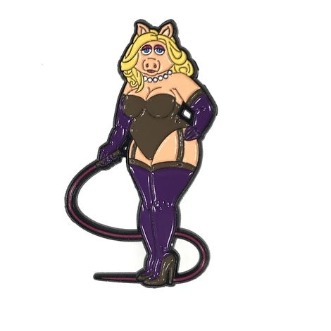 Mis Piggy in lingerie holding a whip.