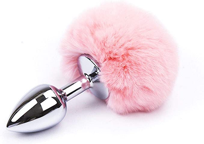 Baby Pink Stainless Steel Real Rabbit Fur Tail Plug.