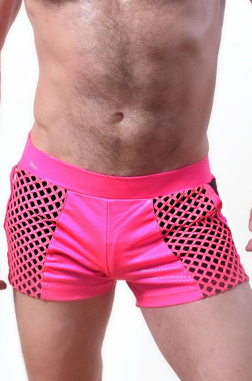 Glow Time Shorts in Neon Pink Close Up Front View