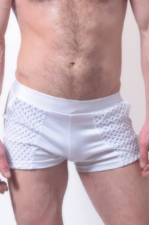 Glow Time Shorts in White Close Up Front View
