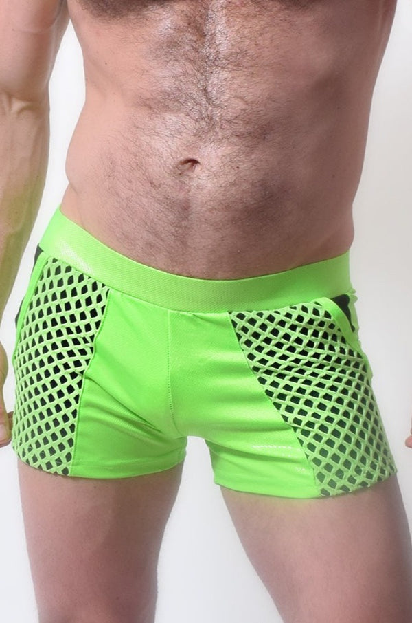 Glow Time Shorts in Neon Green Close Up Front View