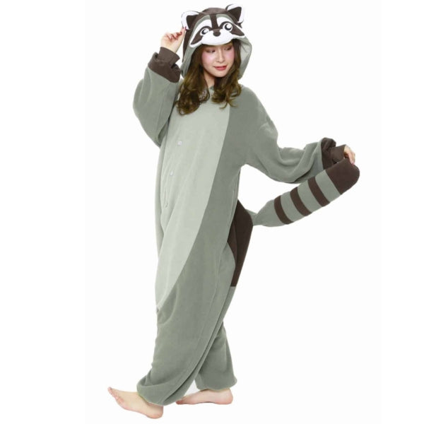 Model wearing Raccoon Kiguremi, one hand holding its tail and other hand to the right ear.