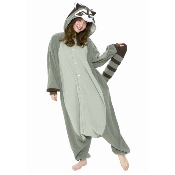 Model wearing raccoon kigurumi and holding its tail.