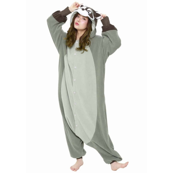 Model wearing raccoon kigurumi holding both raccoon ears.