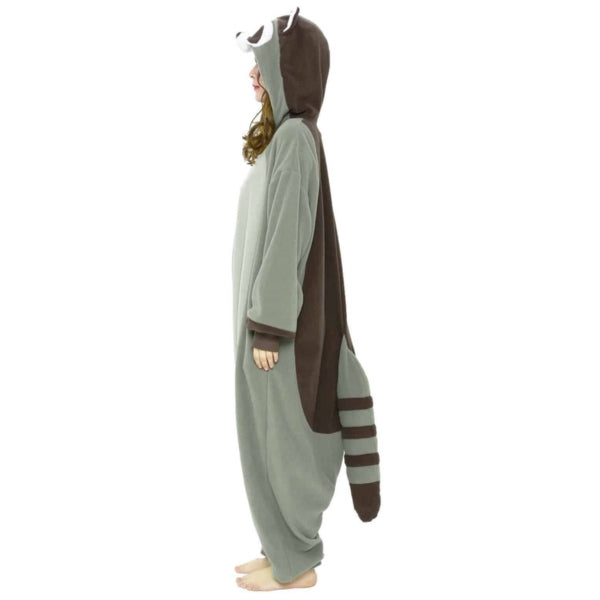 Model wearing raccoon kigurumi, left side view.