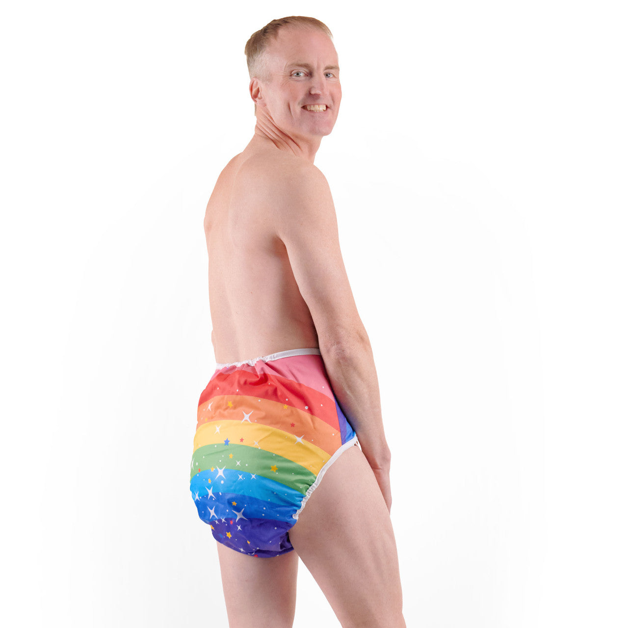 Rainbow Star Adult Diaper Wrap on masculine pale model