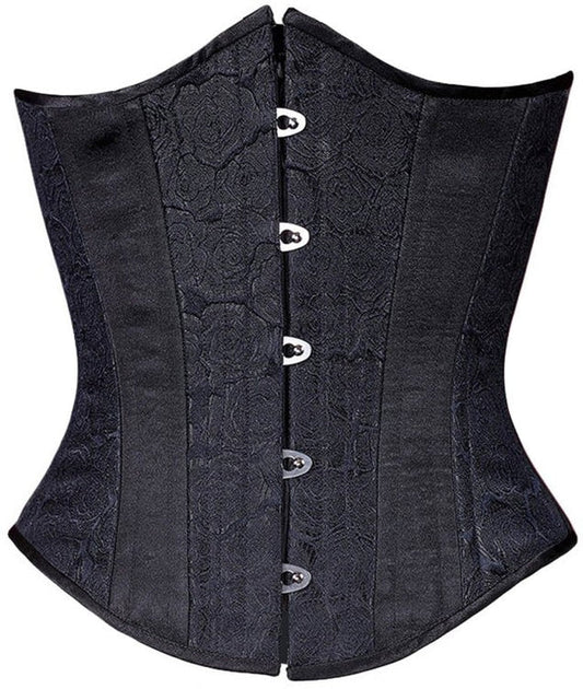 The Black Rose Brocade Mid-Length Underbust Corset- Slim, front view.