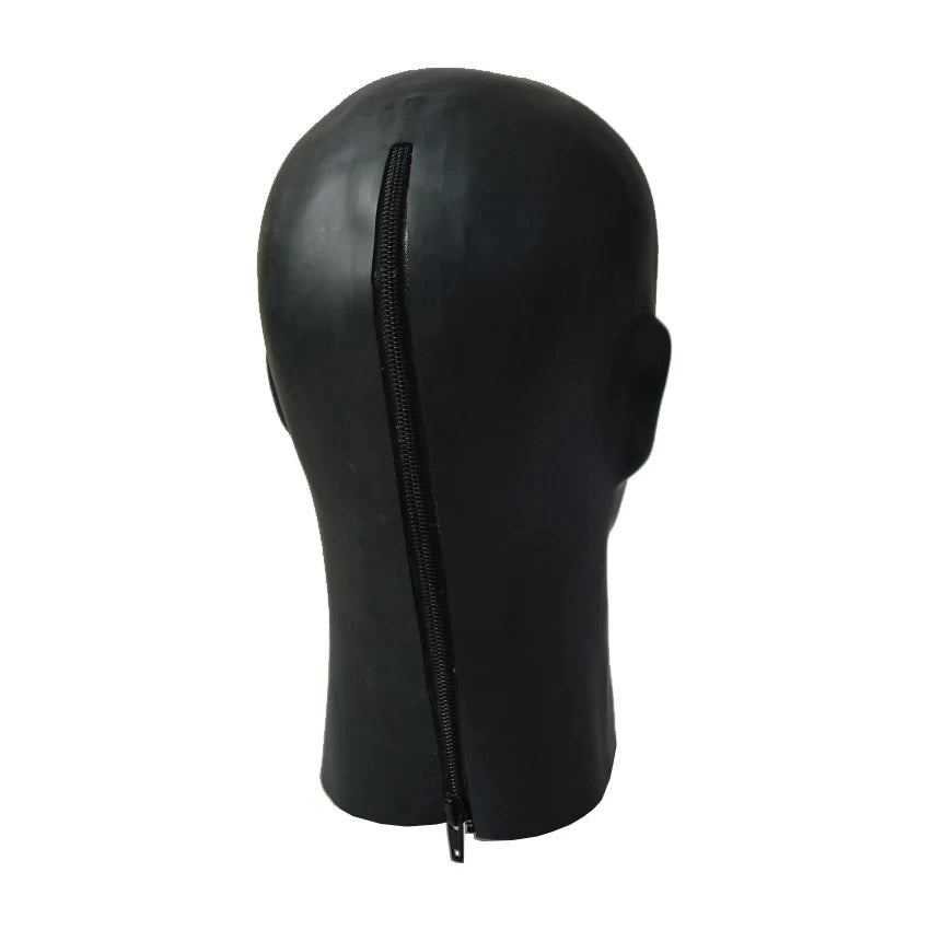 The back of the Latex Deprivation Doll Mask on a mannequin head showing a zipper.