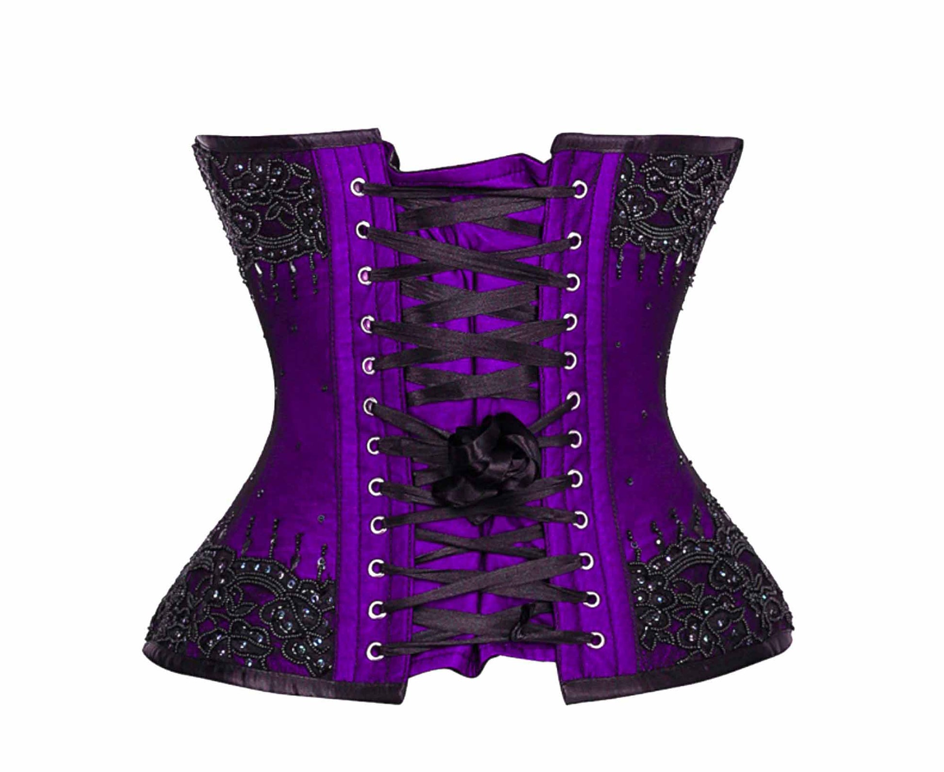 The back of the purple and black Beaded Lace Overlay Couture Corset.
