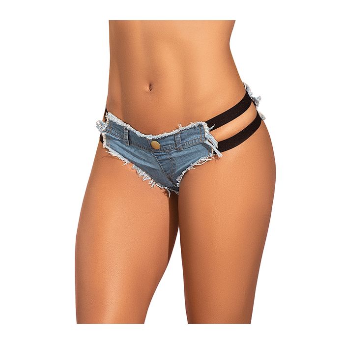 Women wearing denim blue shorts with black side elastic.