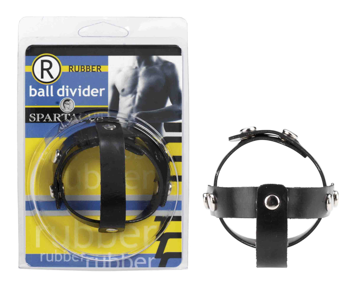The black rubber T-Divider Cock and Ball next to its packaging.