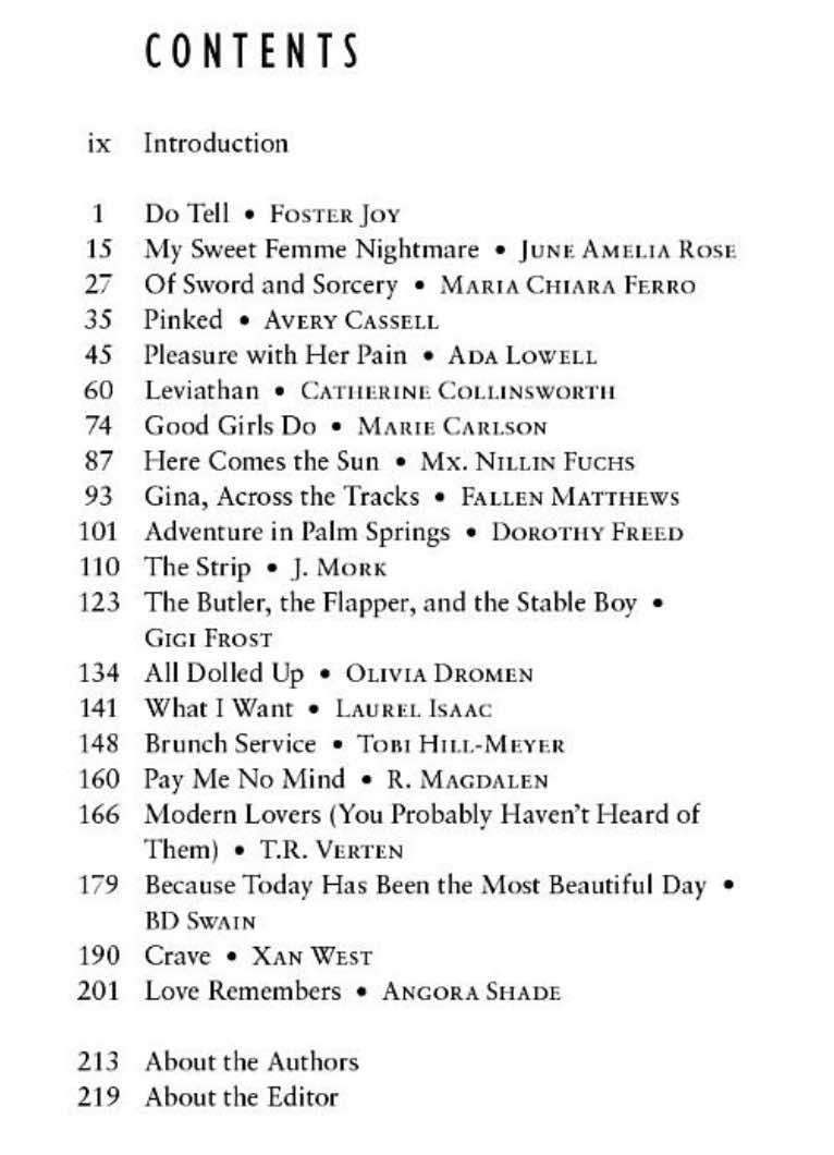 The table of contents for Best Lesbian Erotica of the Year Volume 4.