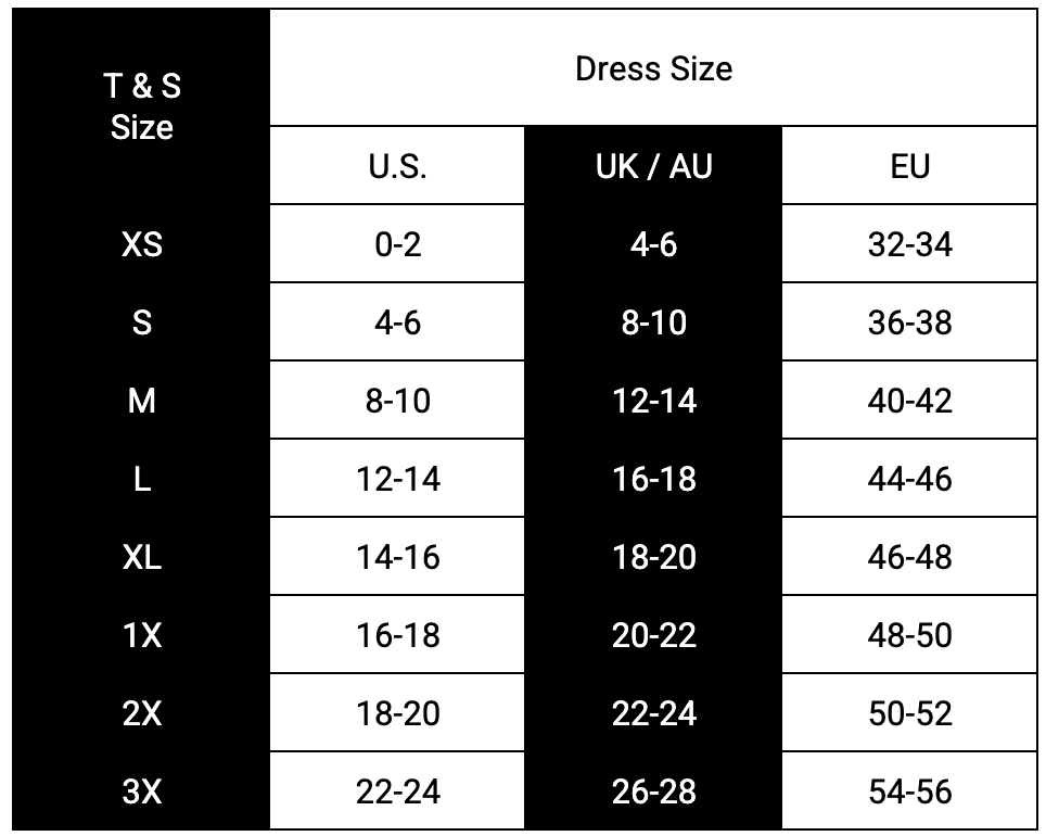 Size chart by dress size