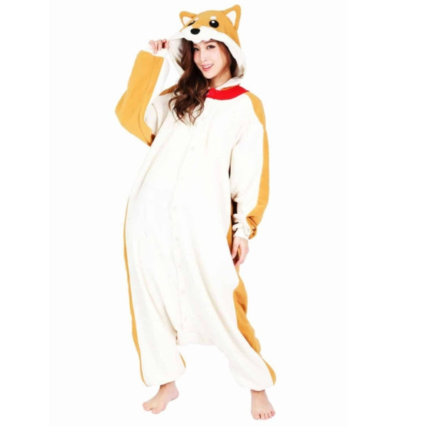 Model wearing Shiba Inu Kigurumi with right hand holding hood.