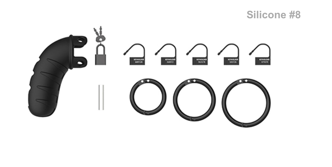 The black silicone Mancage Chastity Device model #8 with all of its attachments.