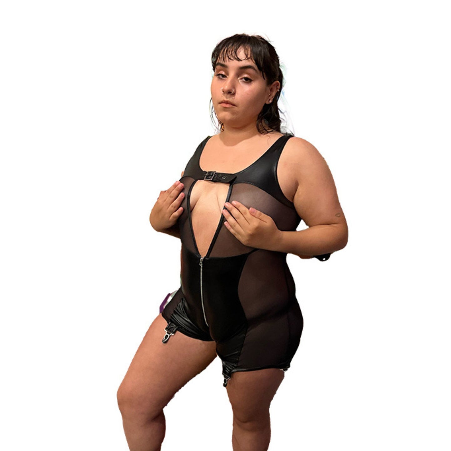 model wearing Alba Wetlook & Mesh Romper Playsuit side/ front with hands covering breast