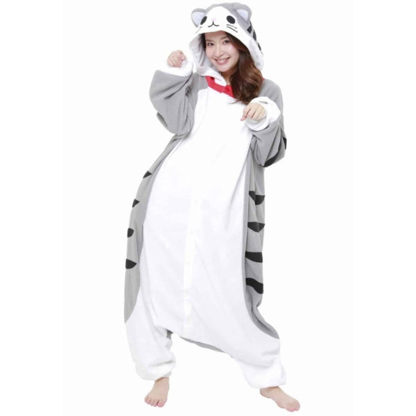 model wearing Tabby Cat Kigurumi hands up like paws
