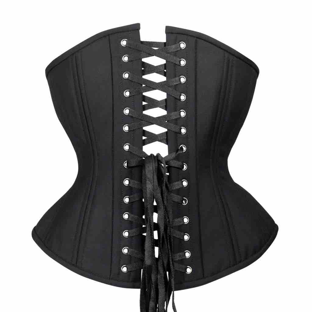 The Black Cotton Cashmere Mid-Length Underbust Corset - Hourglass Silhouette, rear view.