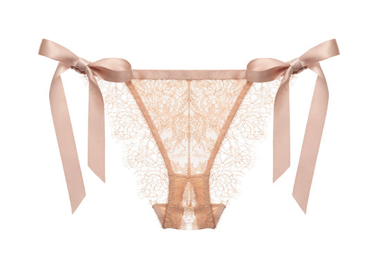 The Fantacist Antique Peach Tie Side Glimmer Lace Open Knicker, front view.
