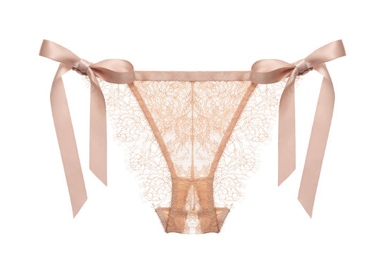 The Fantacist Antique Peach Tie Side Glimmer Lace Open Knicker, front view.