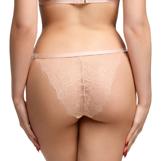 A model wearing the Fantacist Antique Peach Tie Side Glimmer Lace Open Knicker, rear view.