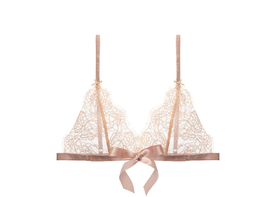 The Fantacist Antique Peach Tie Front Glimmer Lace Bralette, front view.