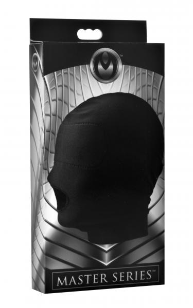 The packaging for the Master Series Spandex Bondage Hood.