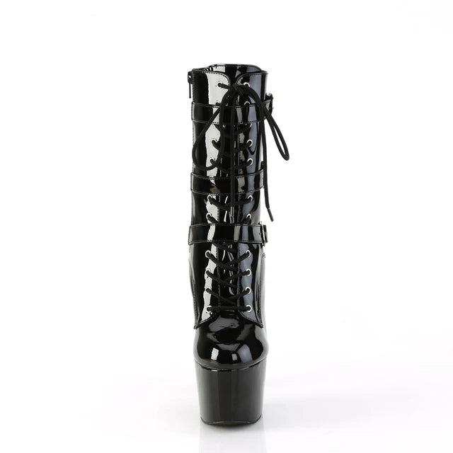 Step boldly with the Adore-1043 Ankle Boots, where fashion meets daring desire. These boots boast a powerful 7-inch heel paired with a 2 3/4-inch wrapped platform, commanding attention with every step. The lace-up front and triple buckle straps give you a custom fit with an edge, while the convenient inner side zip closure ensures a seamless on-and-off experience. Make a fearless fashion statement and leave an unforgettable impression wherever you go with the Adore-1043.